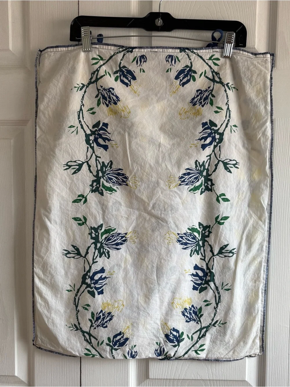 Anthropologie Double Sided Floral Blockprint‎ White Blue Tie Pillowcase Standart